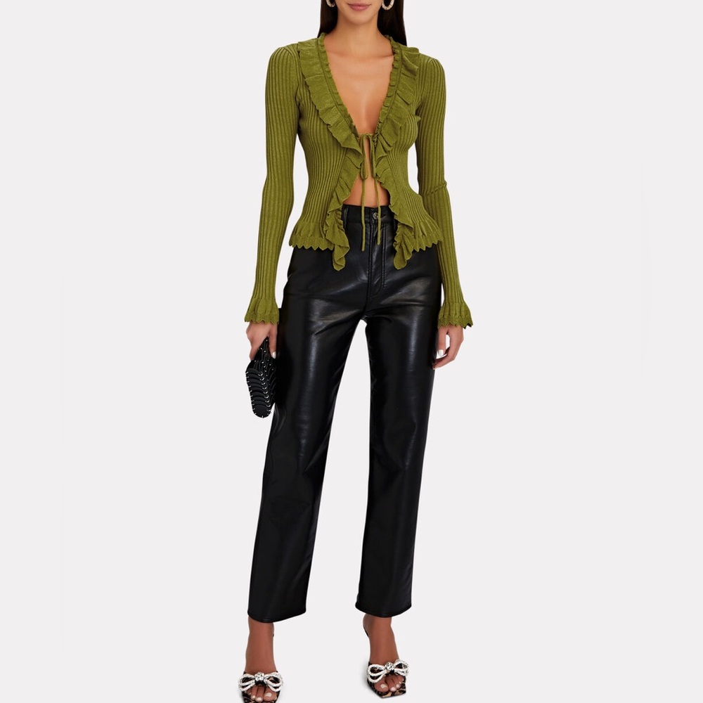 Ronny Kobo Collection Olive Green Ruffled Ribbed Tie-Front Top